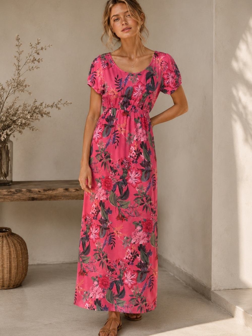 Marisa & Marie 100% linen puff sleeve maxi dress floral size small NWT